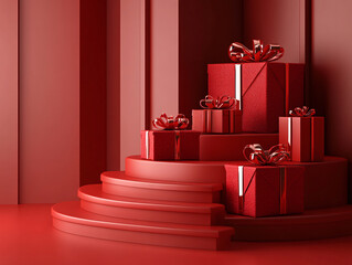 Wall Mural - a festive setup with red gift boxes adorned with ribbons and bows, placed on steps against a backdrop of red curtains and a Christmas tree decorated with ornaments.