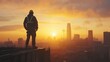 © boy 3344 - A powerful 4K low-angle shot of a construction worker standing confidently atop a steel structure, looking out over the city skyline at sunset.