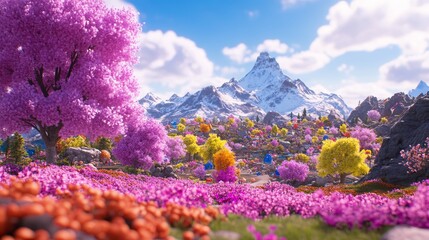 Wall Mural - Vibrant Flower Fields and Snowy Mountain Peak