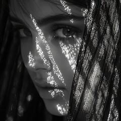 Sticker - mysterious woman holding veil soft patterns of light and shadow in black and white portrait