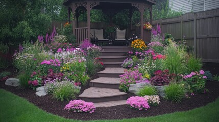 Canvas Print - Vibrant Flower Garden Steps Leading to Gazebo