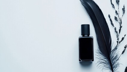 Poster - Black perfume bottle, feather, flowers, white background, ad