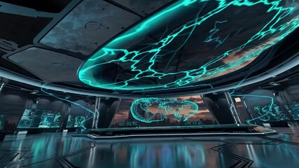 Fototapete - Futuristic control room with holographic displays in a high-tech environment during sunset