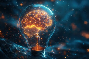 Wall Mural - surreal digital illustration of glowing brain inside vintage lightbulb, neural networks illuminated with electric blue energy
