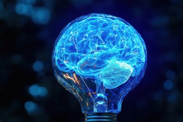 Wall Mural - surreal digital illustration of glowing brain inside vintage lightbulb, neural networks illuminated with electric blue energy