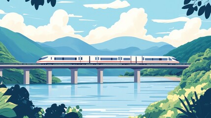 Aufkleber - Scenic railway journey across a picturesque bridge above a tranquil river surrounded by lush mountains. Generative AI