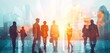 © Kava - Double exposure of a diverse group of business professionals with a light blue cityscape backdrop. Abstract business concept blending urban environment with people, with soft light rays and shadow