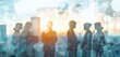 © Kava - Double exposure of a diverse group of business professionals with a light blue cityscape backdrop. Abstract business concept blending urban environment with people, with soft light rays and shadow