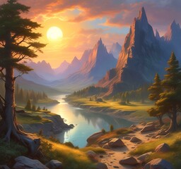 Wall Mural - Illustration of fantasy scenic landscape.