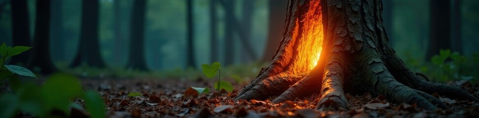 Wall Mural - glowing wooden tree trunk in a forest environment, forest environment, nature scenes, glowing wood