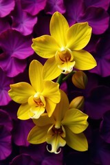 Wall Mural - Single yellow orchid blooms on dark purple petals background, yellow, flowers