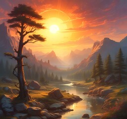 Wall Mural - Illustration of fantasy scenic landscape.