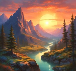 Wall Mural - Illustration of fantasy scenic landscape.