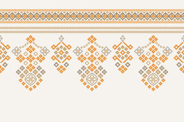 Wall Mural - Fabric ethnic pattern traditional motif ikat geometric cross stitch.Ikat embroidery Ethnic oriental Pixel white brown cream white color background. Abstract,vector. Texture,decoration,wallpaper.