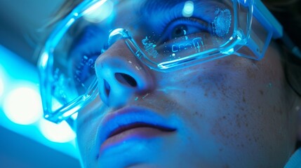 Leinwandbilder - A man with a focused expression wears transparent, futuristic glasses featuring illuminated details. Blue light enhances the ambiance around him in a modern tech setting.