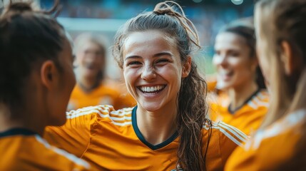 female soccer player celebrating joyfully with teammates after successful match, showcasing teamwork and excitement in vibrant orange uniform