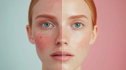 Poster - Split face comparison reveals contrasting skin textures, highlighting acne and smoothness for skincare discussions. Generative AI
