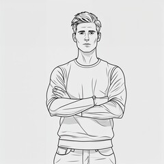 Wall Mural - Young Adult Neutral standing with arms crossed image in a simple hand drawing flat line design on plain white background