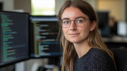 Young woman programmer smiling at camera.