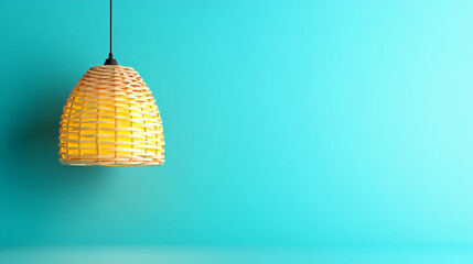 Wall Mural - woven rattan pendant light hangs against vibrant turquoise background, casting warm glow. minimalist design and bright colors create modern and inviting atmosphere