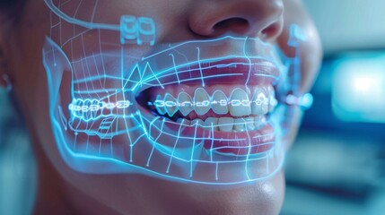 Leinwandbilder - A person displays a bright smile while a digital overlay of braces and jaw structure is shown, indicating the use of innovative dental technology during a consultation in a clinic.