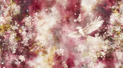 Wall Mural - White Dove Soaring Through Blossom Cloudscape