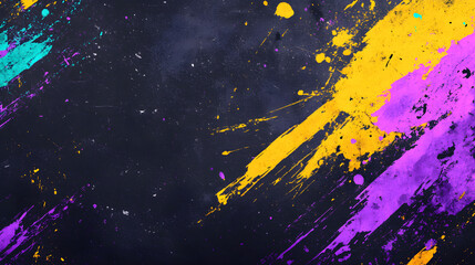 Wall Mural - Grunge background with rough texture and purple, yellow, black, green colors in a messy punk style.