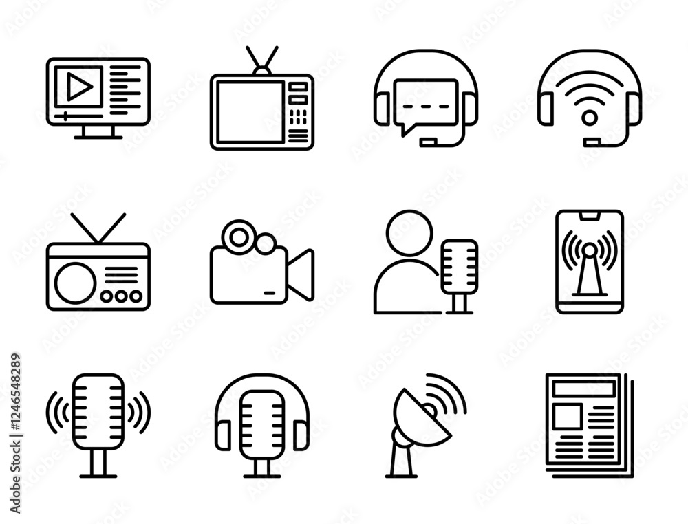 Broadcasting icon set, vector, in line style, for streaming ...