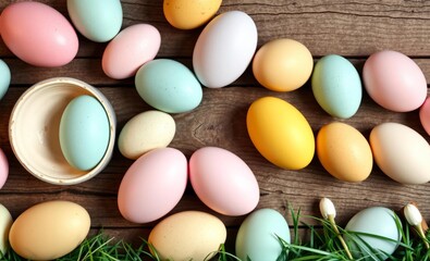 Pastel easter eggs scattered on wooden boards easter border border easter spring decoration background card frame holiday