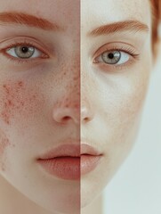 Fototapete - Comparing skin conditions showing acne and redness on one half and smooth, glowing skin on the other half. Generative AI