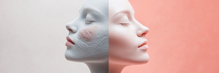 Fototapete - Split face comparison reveals stark contrast between acne and smooth skin for a skincare transformation. Generative AI