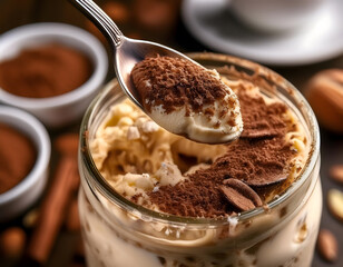 Sticker - Spoonful of creamy dessert with cocoa powder, close-up shot with warm lighting