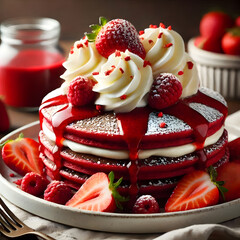 Sticker - Red velvet pancakes with whipped cream, strawberries, raspberries, and red drizzle on a plate