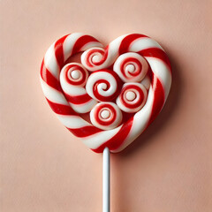 Wall Mural - A heart-shaped lollipop with swirling red and white stripes, featuring smaller swirls within the heart, against a light pink background