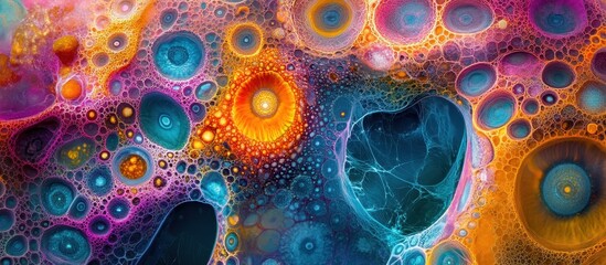 Wall Mural - Vibrant Abstract Fluid Art with Colorful Cells and Organic Patterns in a Dynamic Composition