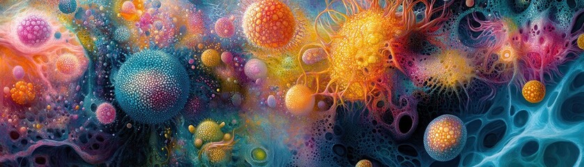 Wall Mural - Vibrant Abstract Microcosm of Colorful Organic Forms and Textures in a Surreal Artistic Representation of Microscopic Life