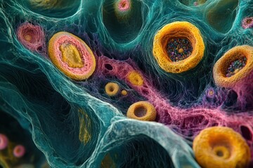 Wall Mural - close-up of colorful microscopic structures with intricate patterns and textures in a scientific abs