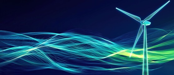 Wall Mural - Futuristic Digital Rendering of a Wind Turbine with Colorful Abstract Energy Waves in a Dark Background