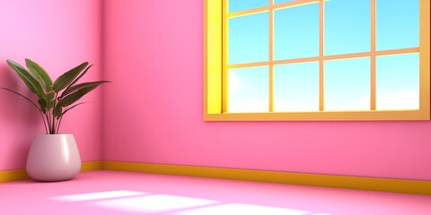 Wall Mural - A bright pink room with a large window, letting in natural light, and featuring a potted plant in a white vase.