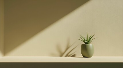 Wall Mural - A minimalist scene featuring a small green plant in a round pot, casting a shadow on a beige wall, illuminated by soft light.