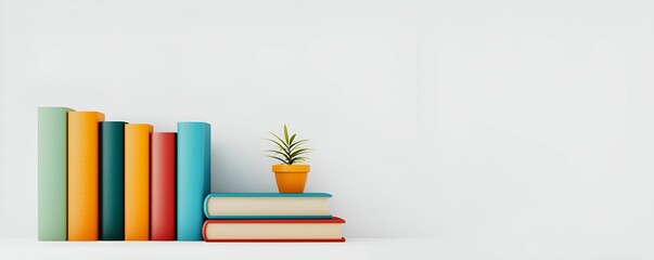 Sticker - A vibrant bookshelf featuring colorful books and a small potted plant against a minimalist white background.