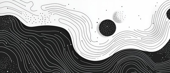 Wall Mural - abstract maze in black and white with flowing lines and dots on a minimalist background
