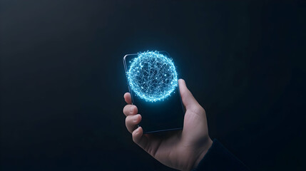 Hand using mobile app with glowing orb for data analysis & connection. Background is dark, suitable for tech blog or advertising