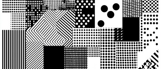 Sticker - abstract black and white background featuring various geometric patterns in a pixelated style