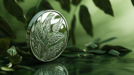 Sticker - A shiny chrome coin with intricate engravings, placed against a muted forest green background