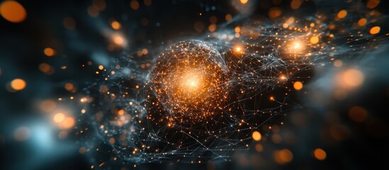 Wall Mural - abstract digital network sphere with glowing orange nodes and connecting lines on dark background