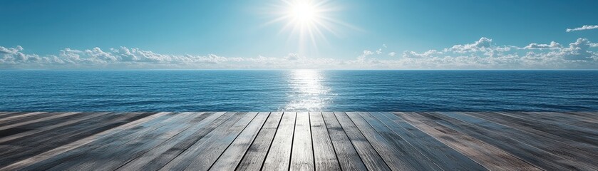 Wall Mural - Serene Ocean View from Wooden Deck with Bright Sun and Clear Blue Sky on a Peaceful Day