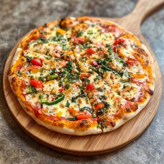 Canvas Print - Tasty pizza presented on a wooden board.