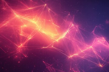 Wall Mural - abstract digital network with glowing lines and nodes in vibrant pink and orange hues on a dark back