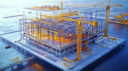 A construction site featuring a large steel framework and cranes, set against a serene water background.